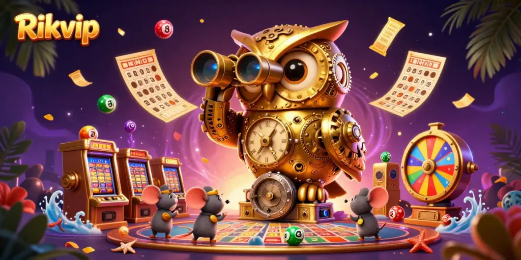 Experience the excitement of Rikvip with a captivating casino scene filled with vibrant elements.