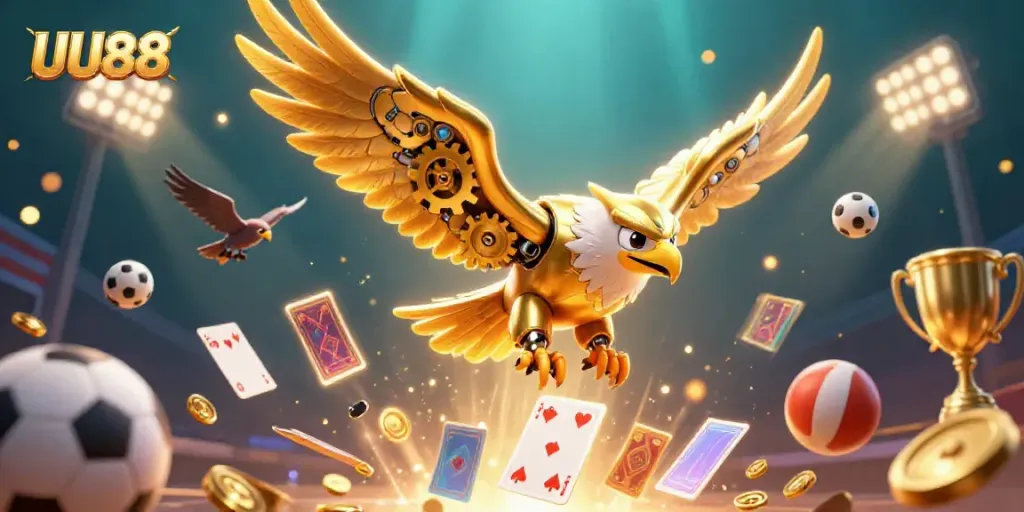 Experience excitement with UU88's immersive casino gaming featuring golden eagle and dynamic sports elements.