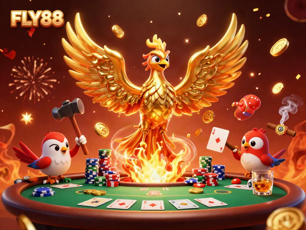 Experience thrilling gameplay at FLY88 with a dynamic casino scene featuring a golden phoenix and poker elements.