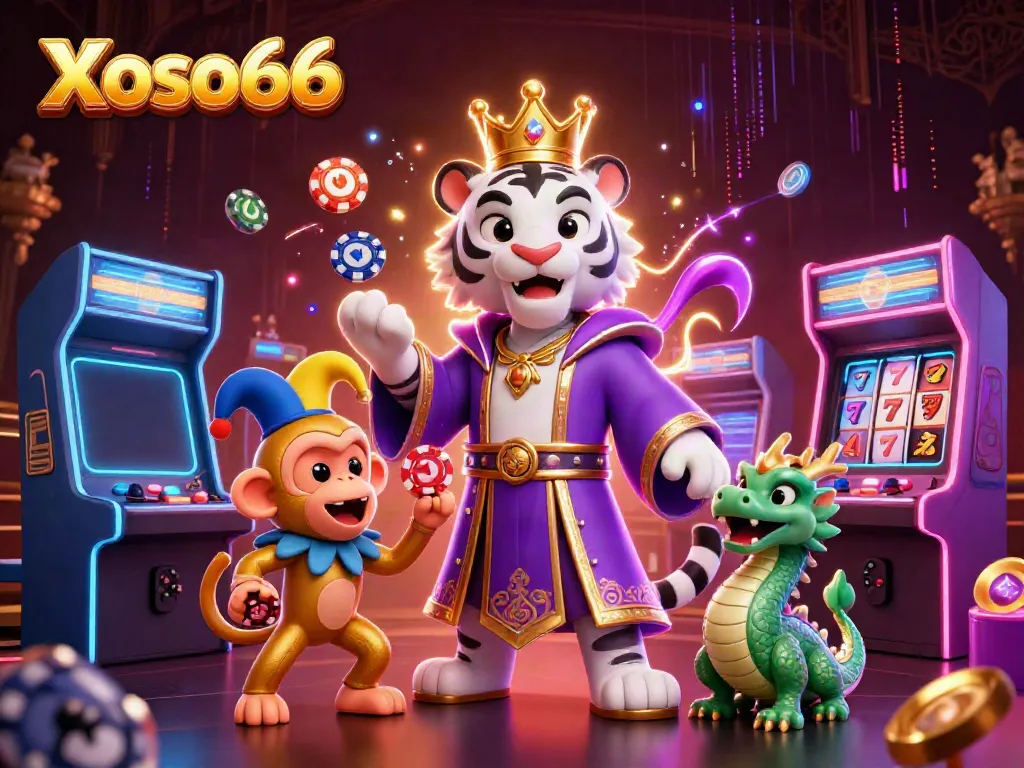 Xoso66 showcases an enchanting scene with a white tiger, monkey, and dragon amidst casino elements.