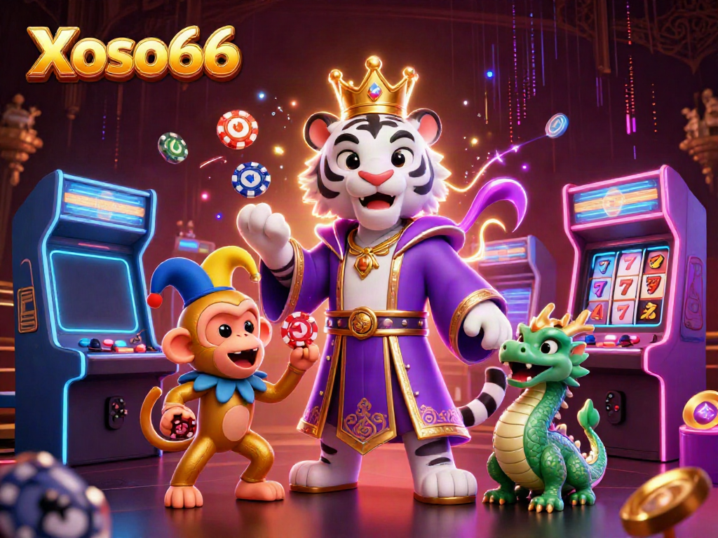 Xoso66 showcases an enchanting scene with a white tiger, monkey, and dragon amidst casino elements.