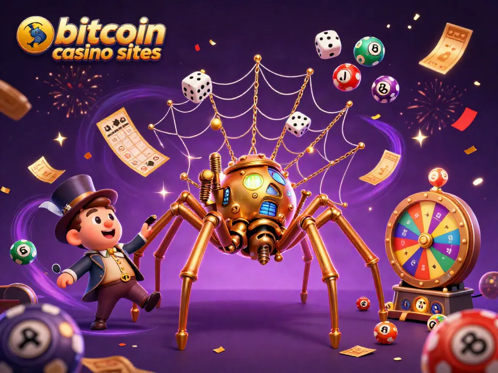 Engage with top bitcoin casino sites featuring a steampunk spider amid a vibrant lottery scene.