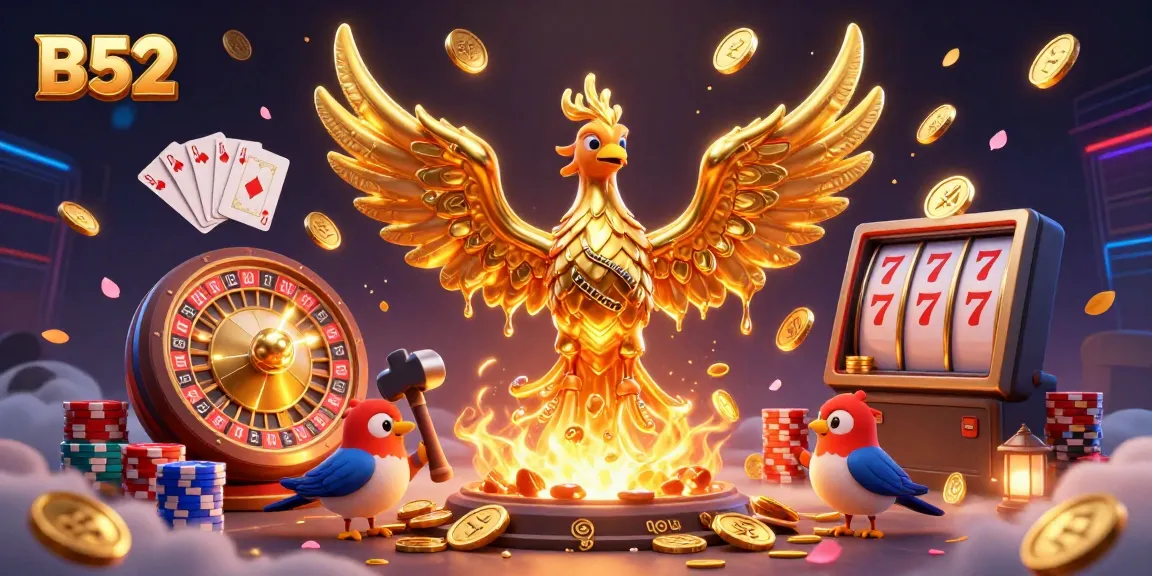 B52 themed illustration of a golden phoenix, coins, and casino elements depicting vibrant gaming action.
