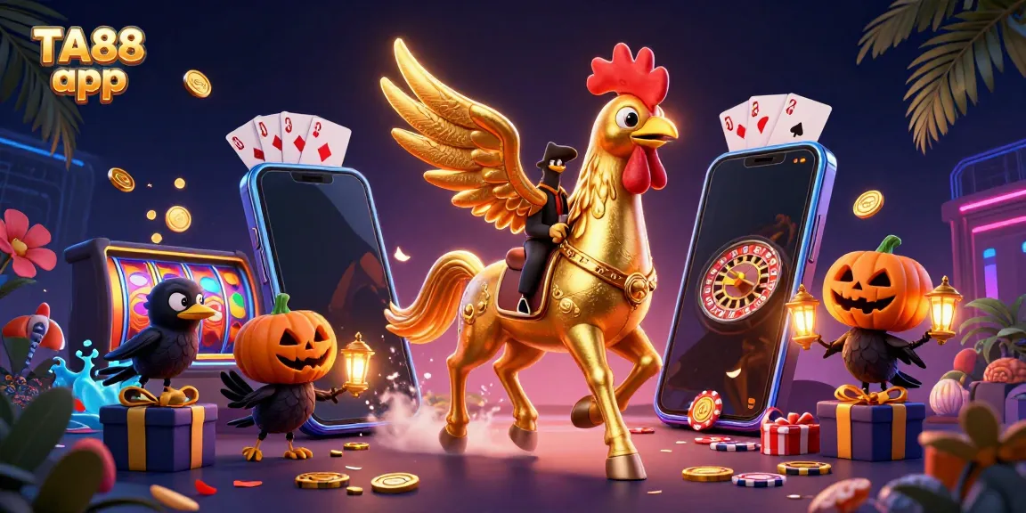 Engage with the vibrant TA88 app as golden rooster characters illuminate a thrilling casino scene.