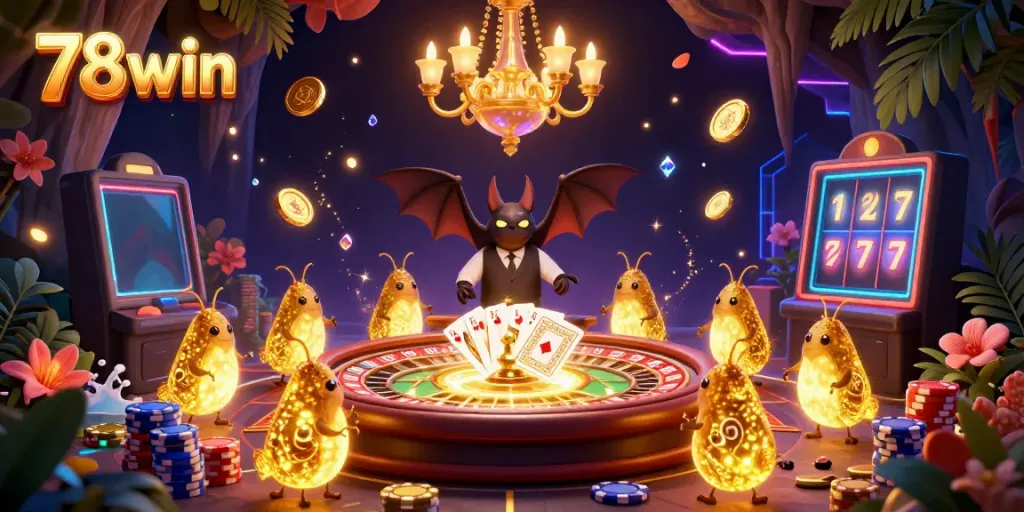 Experience thrilling games at 78win's dazzling casino illuminated by glowing creatures.