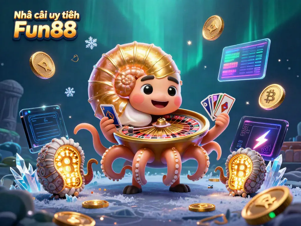 Engage with Nhà cái uy tín Fun88 in this stunning underwater casino scene featuring a giant nautilus and glowing cryptocurrencies.