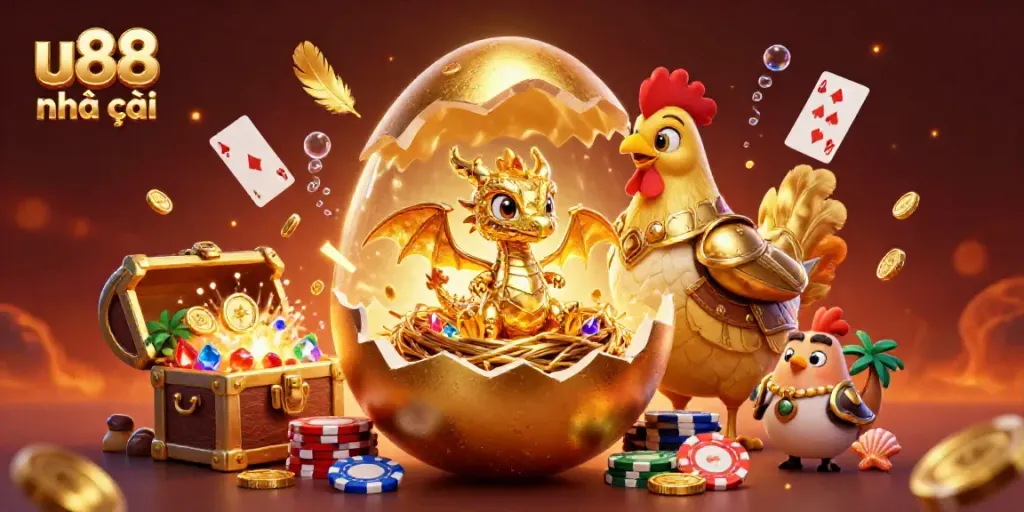 Engage with u88 nhà cái: Discover a vibrant golden dragon amid casino treasures, playing cards, and lively animations.