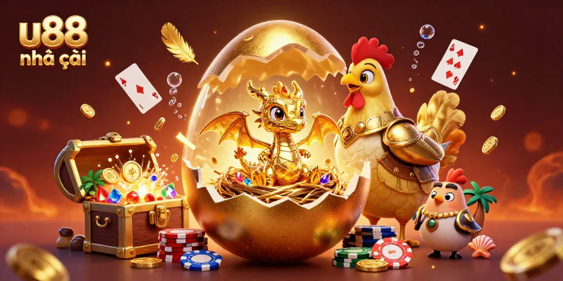 Engage with u88 nhà cái: Discover a vibrant golden dragon amid casino treasures, playing cards, and lively animations.