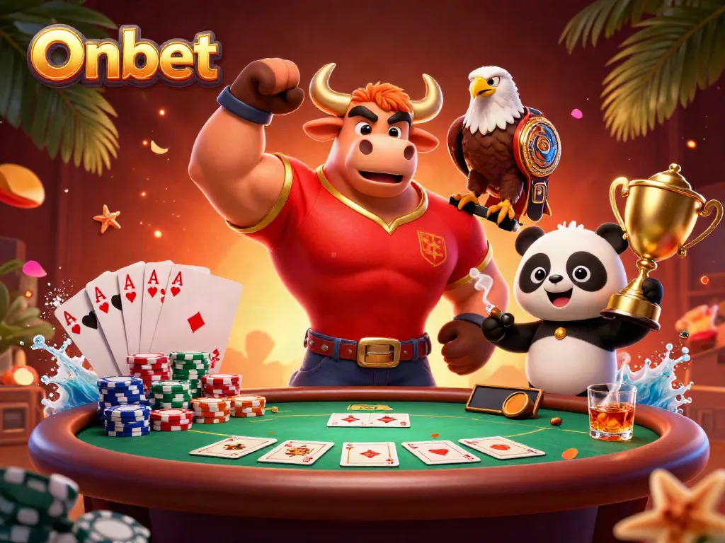 Experience thrilling victories with Onbet's vibrant 3D casino scene featuring dynamic characters and poker elements.