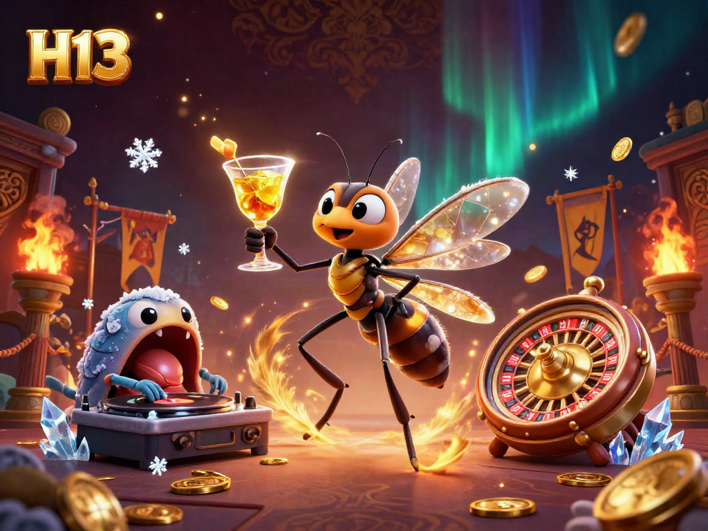 Engage with H13's vibrant casino experience featuring a unique mascot in a lively scene.