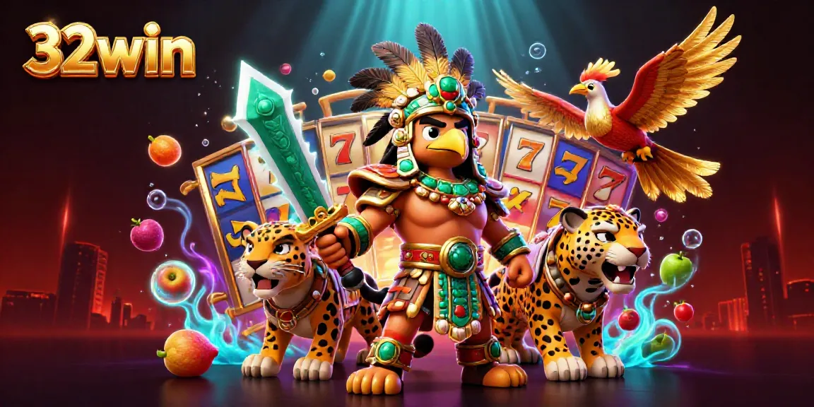 Win big with 32win in a vibrant casino adventure featuring warrior and winning symbols.