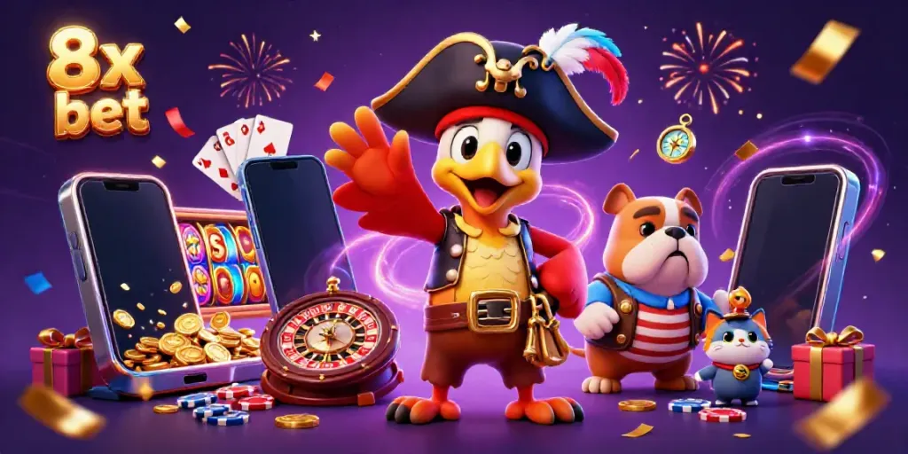 Engage in the thrilling world of 8x bet with vibrant casino scenes featuring animated characters.
