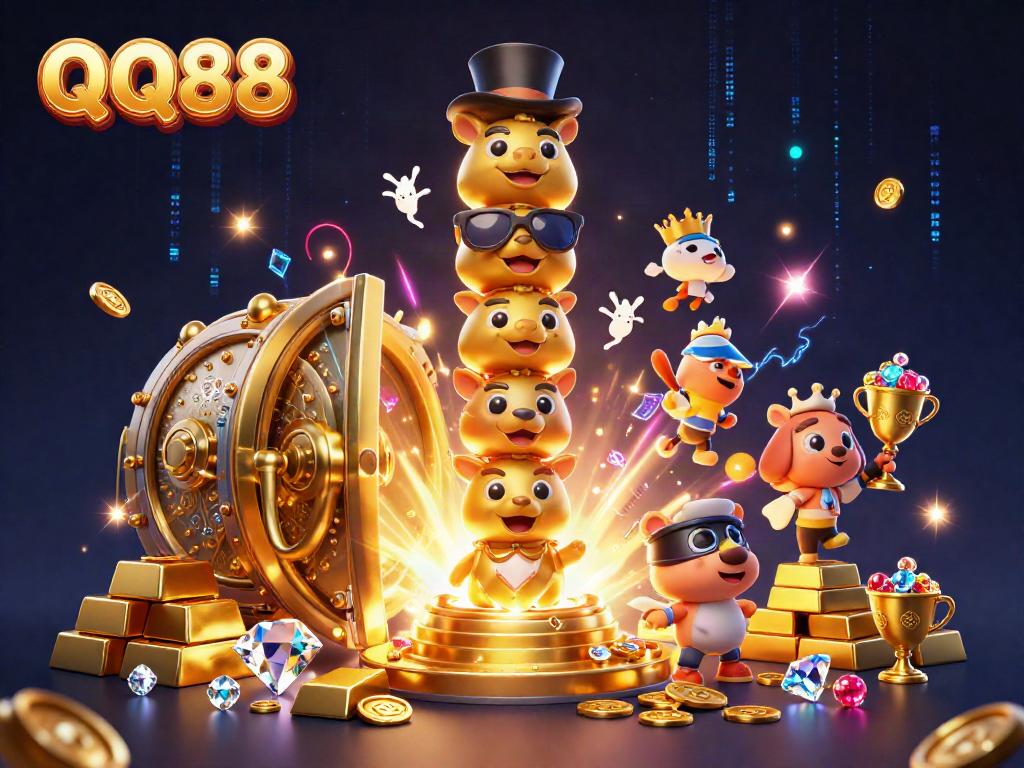 Engage with QQ88's thrilling online gaming adventure featuring a 3D golden totem and dazzling treasures.