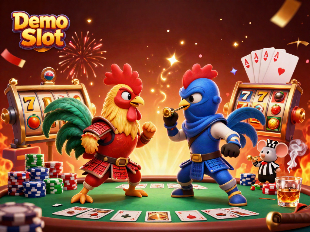 Experience the fun of free Demo Slot games with vibrant cartoon roosters in action.