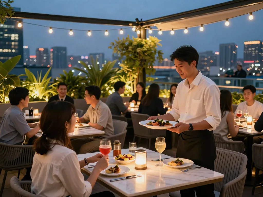 Elegant nohu rooftop dining scene with city views and gourmet dishes.