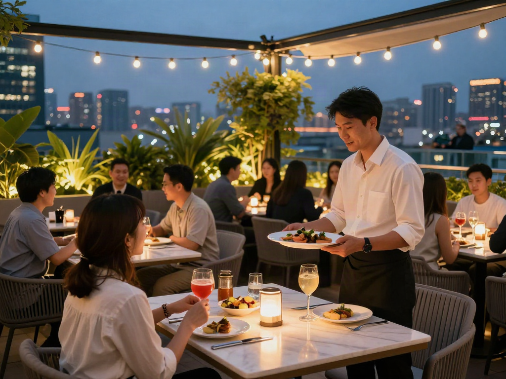 Elegant nohu rooftop dining scene with city views and gourmet dishes.