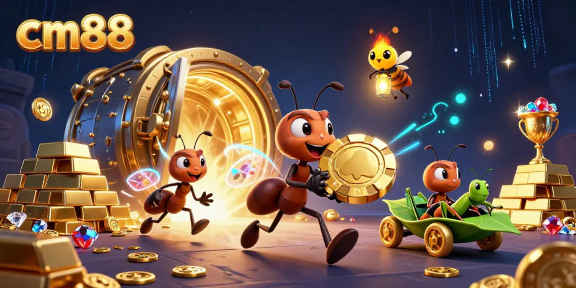 Experience the thrilling cm88 adventure with ants carrying a massive golden poker chip through a dazzling treasure tunnel.