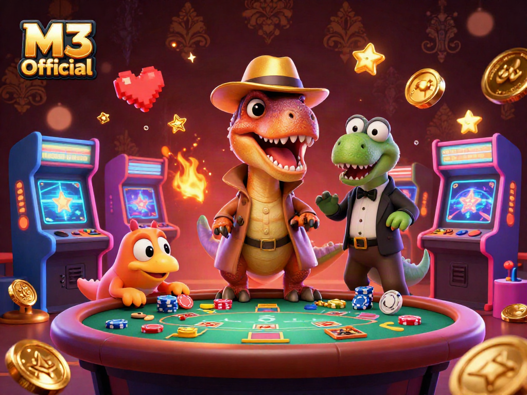 M3 Official illustration showcasing a velociraptor card counter at a blackjack table in a vibrant casino environment.
