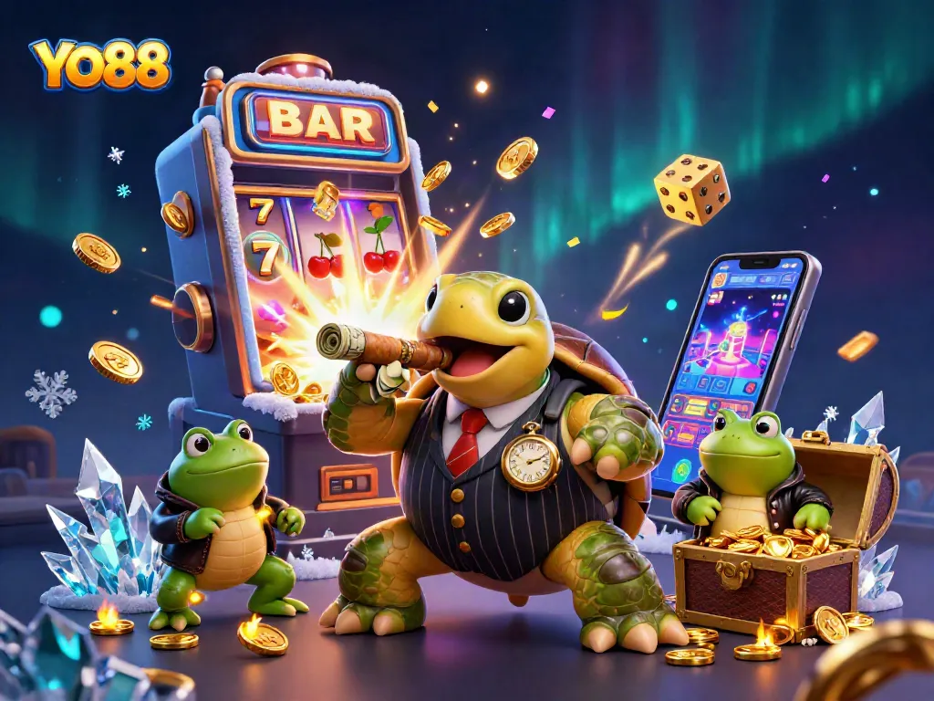 YO88 offers an exhilarating gaming experience featuring a flashy slot machine and vibrant casino characters.