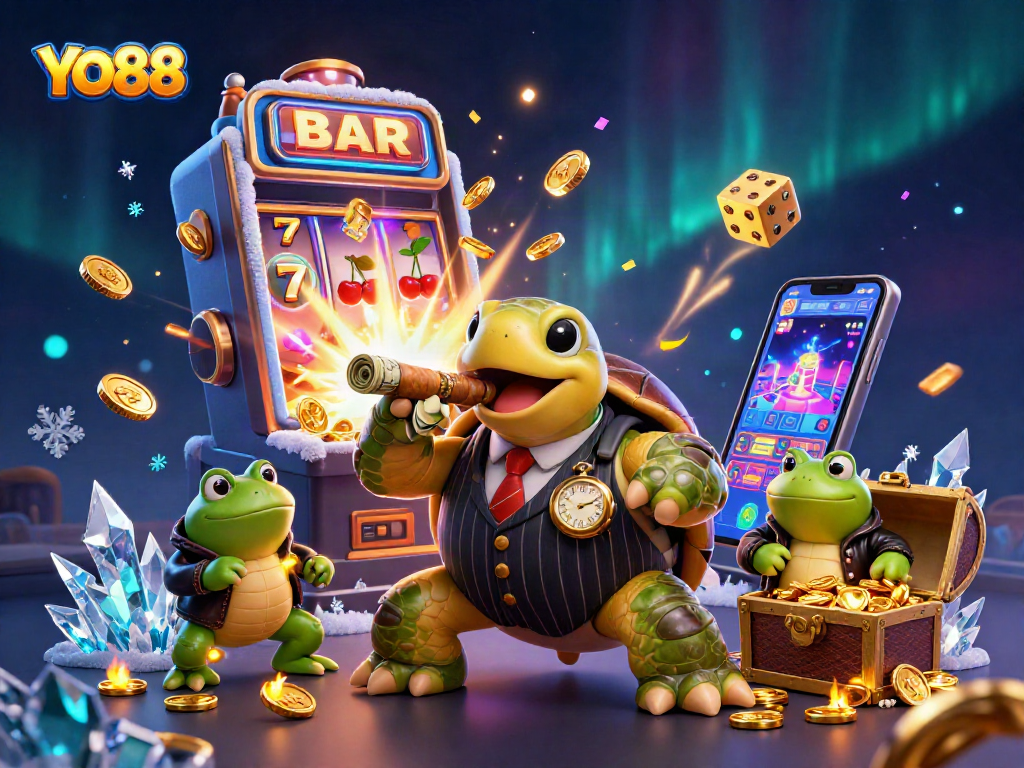 YO88 offers an exhilarating gaming experience featuring a flashy slot machine and vibrant casino characters.