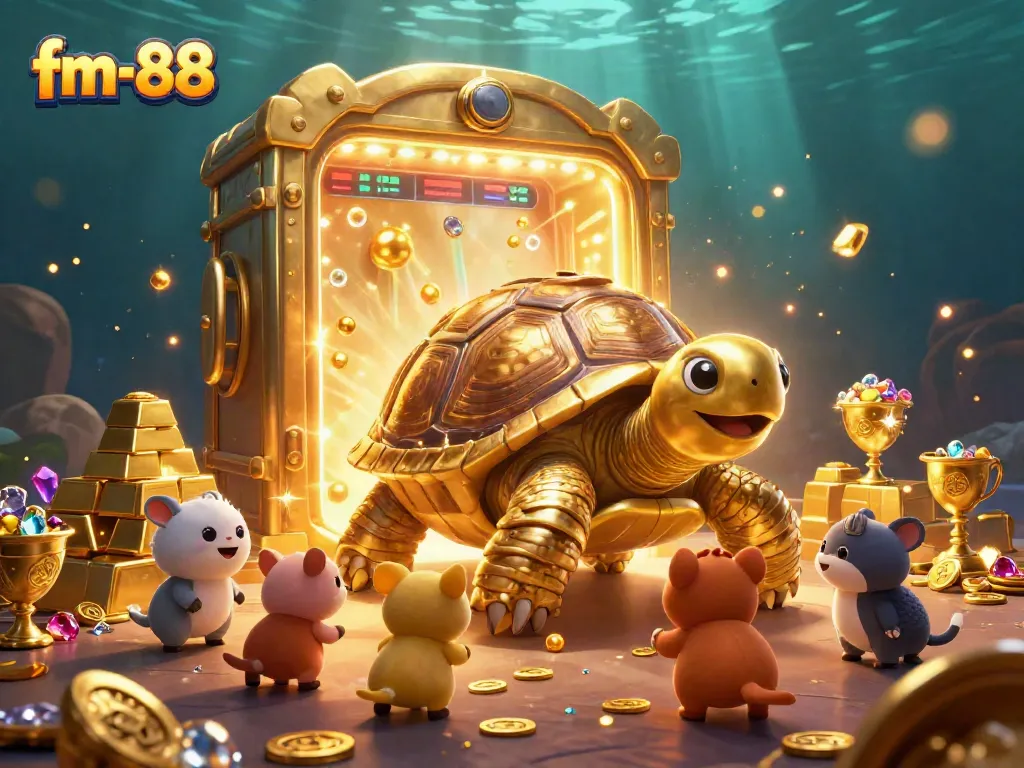 Experience the exciting world of fm-88 with a colossal golden tortoise and treasure elements in vibrant illustration.