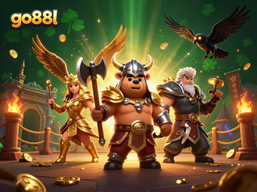 Engage in thrilling games at go88l with a dynamic 3D illustration featuring a Viking bear and Valkyrie.