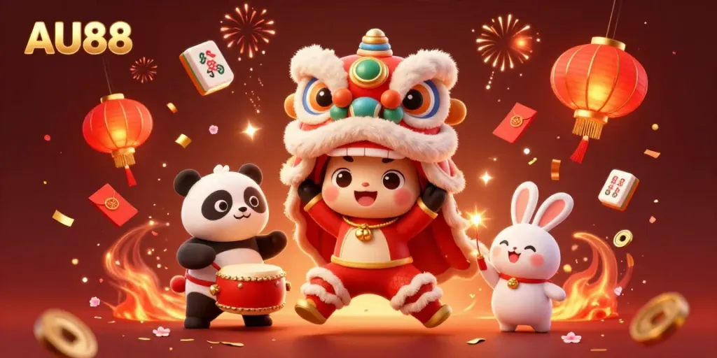 Celebrate fun with AU88's joyful Chinese New Year lion dance illustration featuring vibrant characters and casino elements.