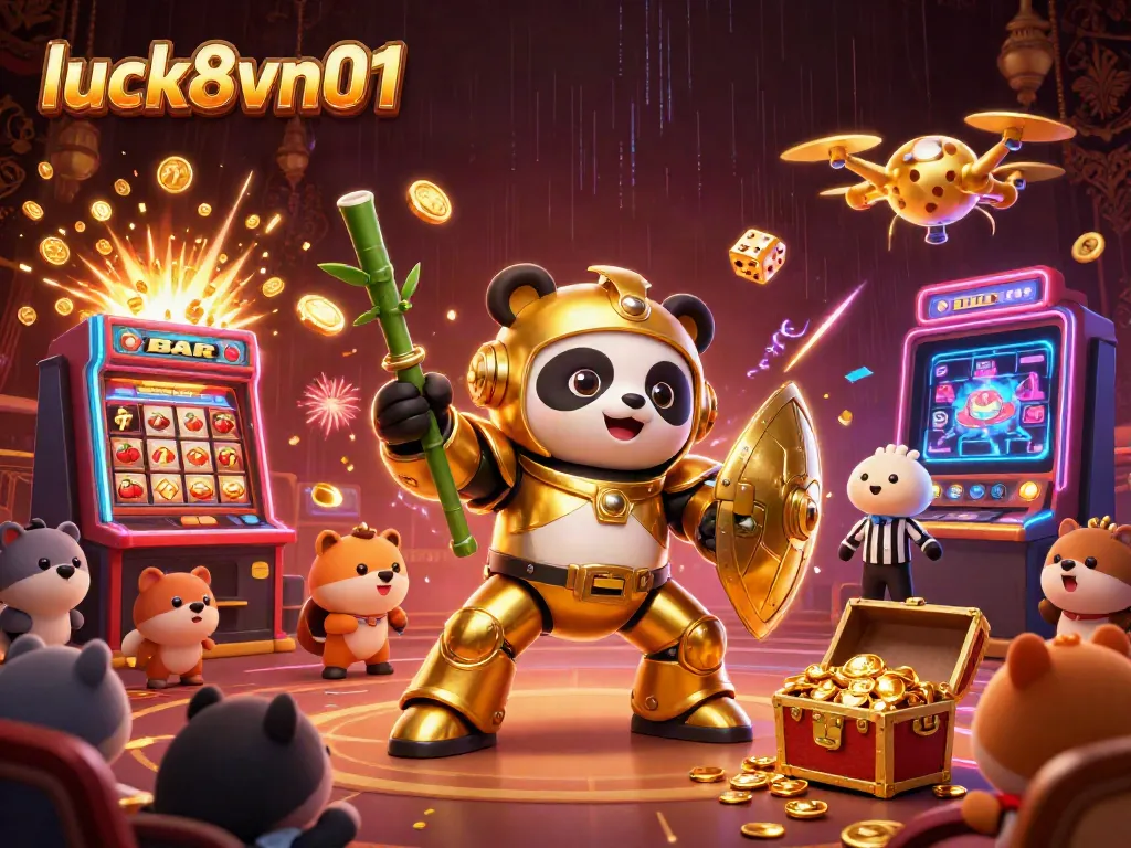Engaging scene of luck8vn01 featuring a golden panda in mech-suit at a vibrant casino battle arena, capturing the excitement of gambling.