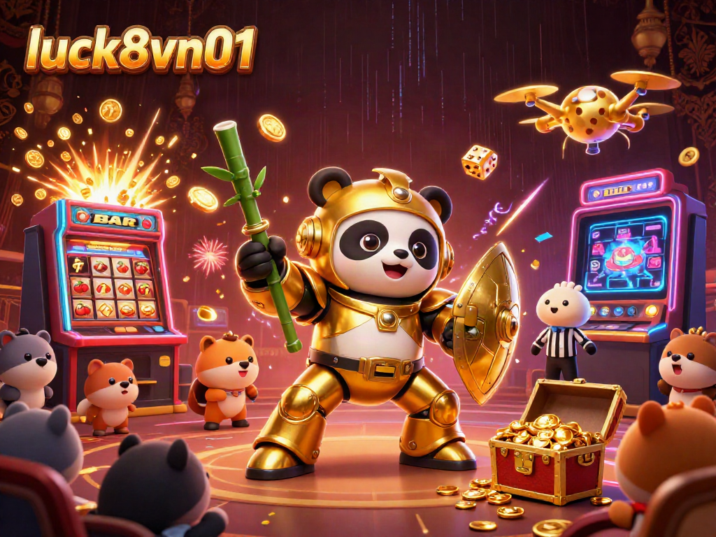 Engaging scene of luck8vn01 featuring a golden panda in mech-suit at a vibrant casino battle arena, capturing the excitement of gambling.