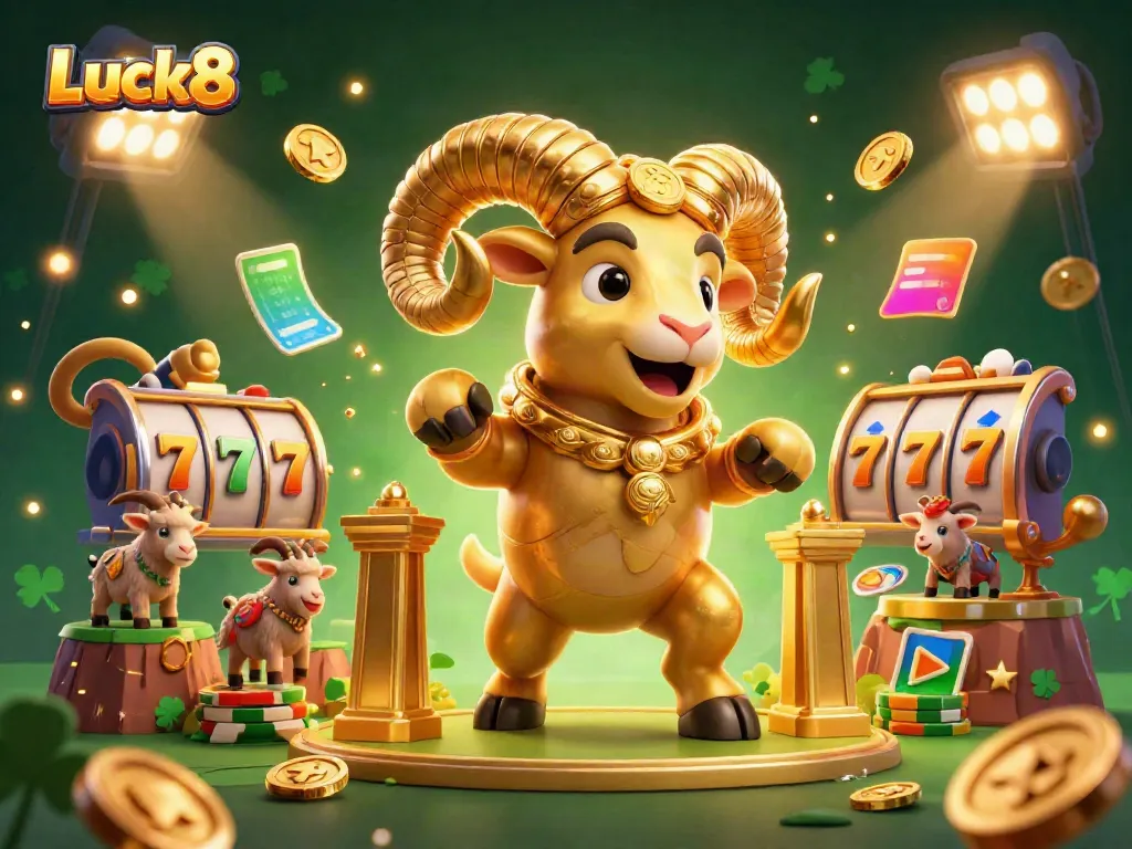 Experience excitement at Luck8, featuring a golden ram charging through vibrant casino symbols.